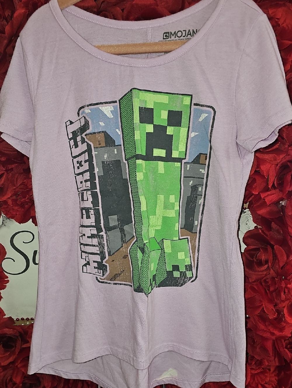 Minecraft Girls' Lavender Creeper Graphic Tee Size Large 10/12 Bleach Stain